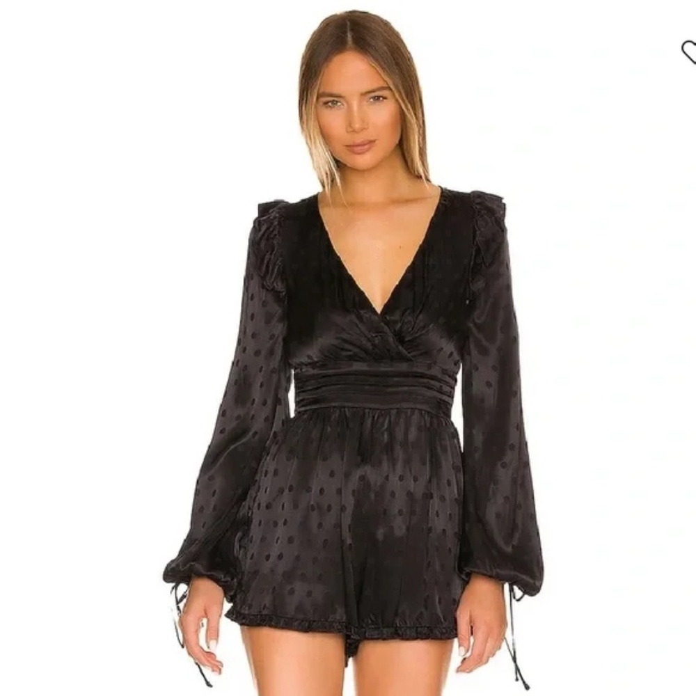 REVOLVE Majorelle Enrica black satin ruffle hem romper NWT Size‎ Small
